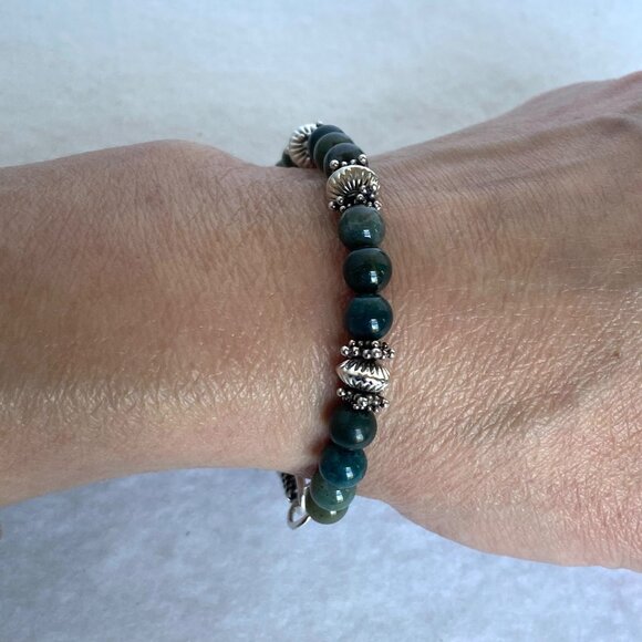 Sterling Silver 925 Round Green Moss Agate Beaded Bracelet Sz 6.75" - Picture 13 of 16